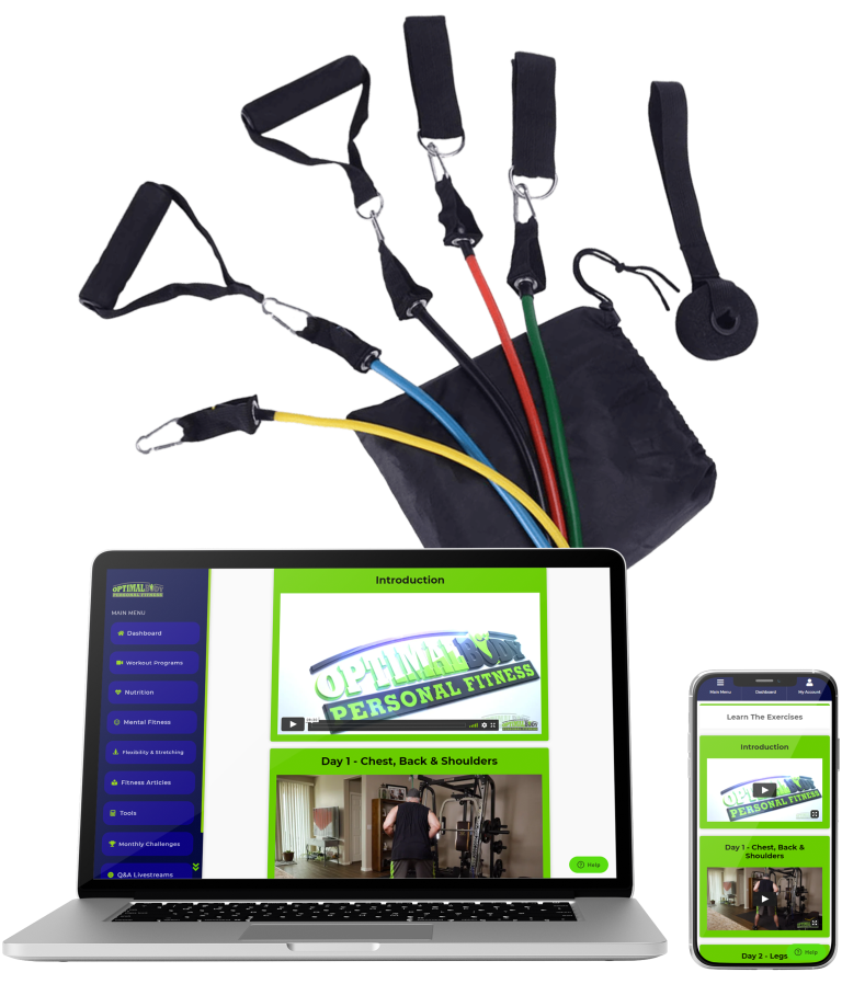 OptimalBody on laptop and phone with resistance band set